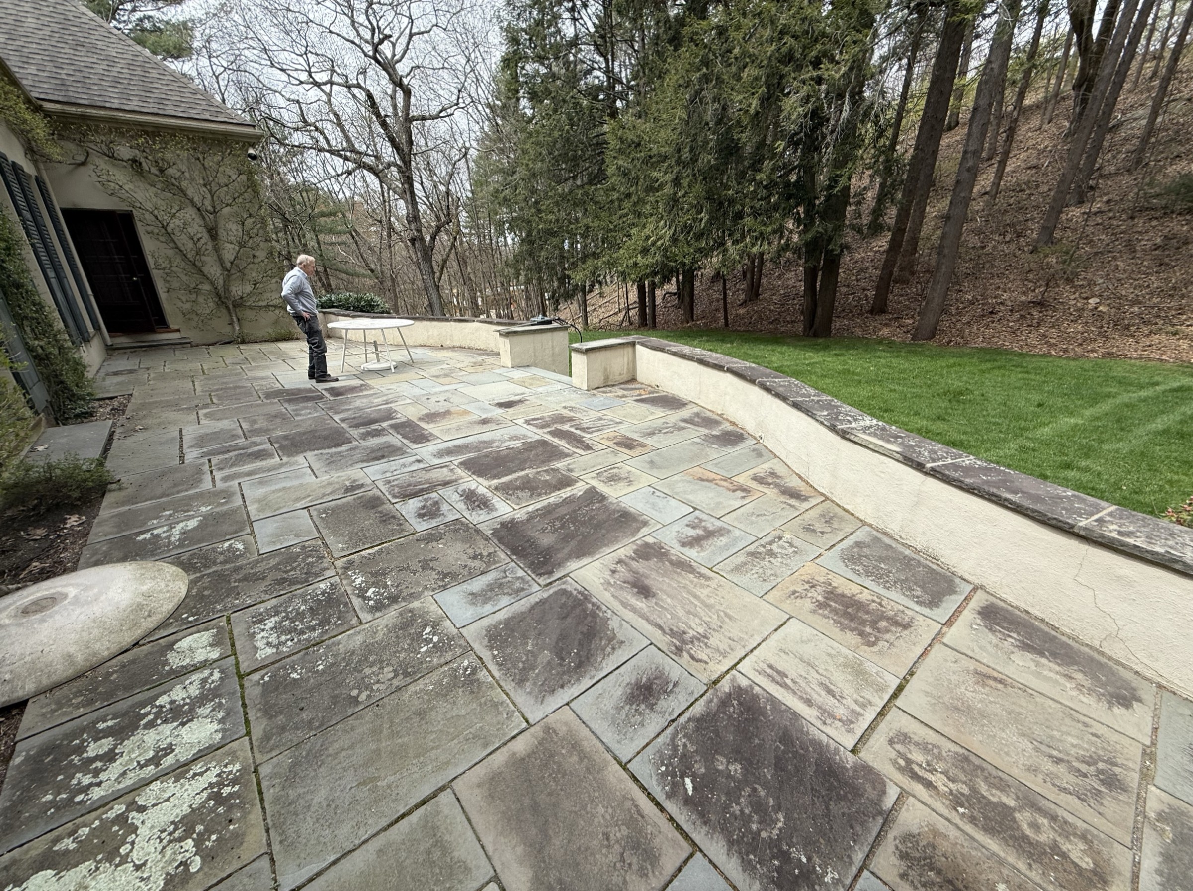 Same bluestone patio before cleaning — heavy red staining and lichen